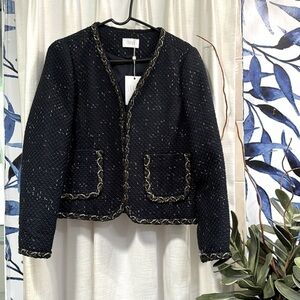 NWT Women’s Savida Navy Blue Alice Braid Tweed Blazer Size Large